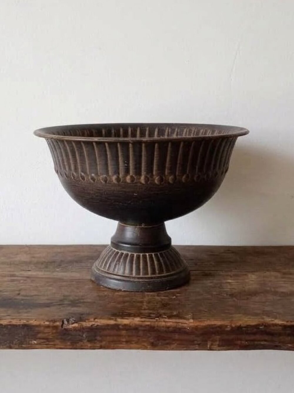 Vintage Metal Pedestal Bowl Planter Antique Bronze Finish Made in India Rustic